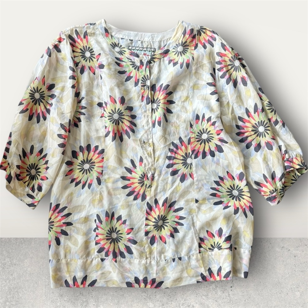 Johnny Was Silk Floral Blouse - Cream and Multicolor